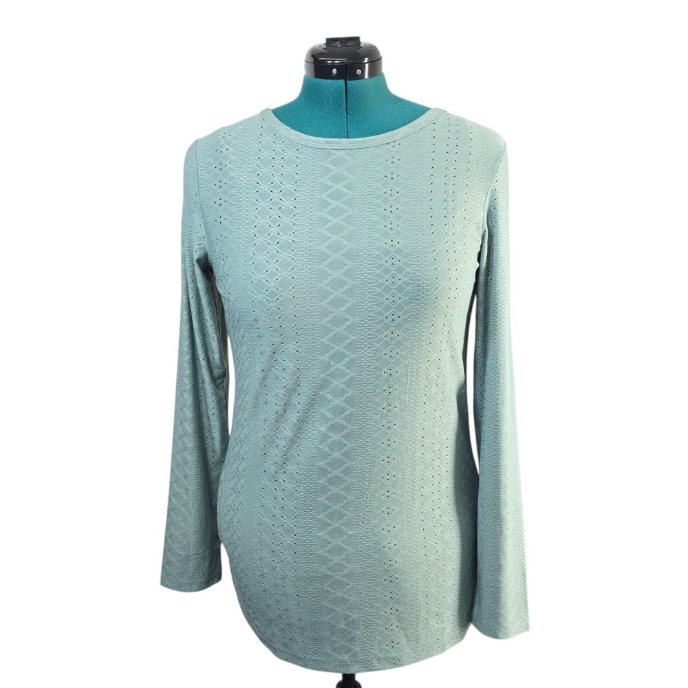 Aokosor Top Womens Small Sage Green Poly Spandex Pointelle Knit Long Sleeve Boho